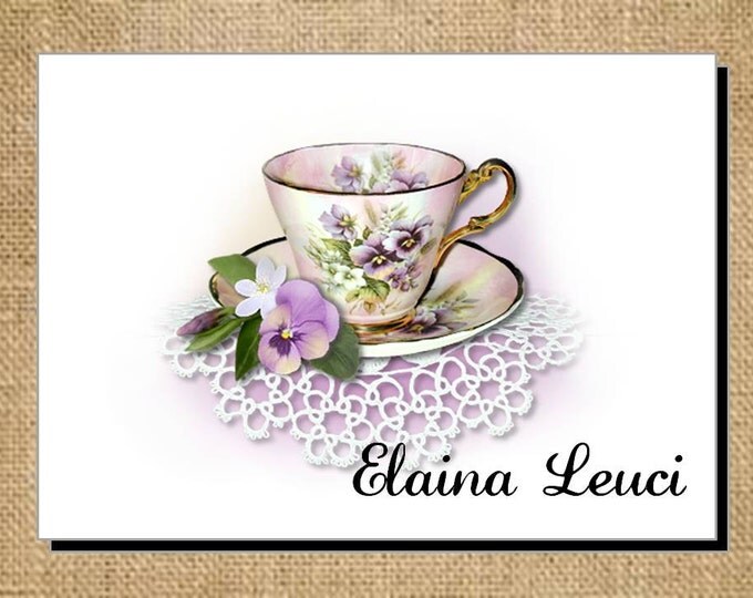 Beautiful Pretty in Purple Pansy Teacup Cup Tea Note Cards - Invitations - Thank You Cards for Bridal Shower or Luncheon ~ Bridal Gift