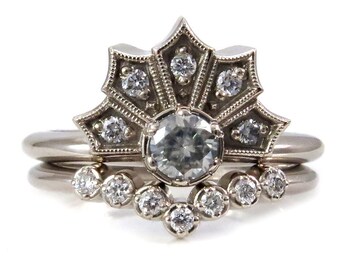 Modern Art Deco Engagement Ring Set - Crown Ring with Moissanite and Diamonds Chevron Diamond Wedding Band