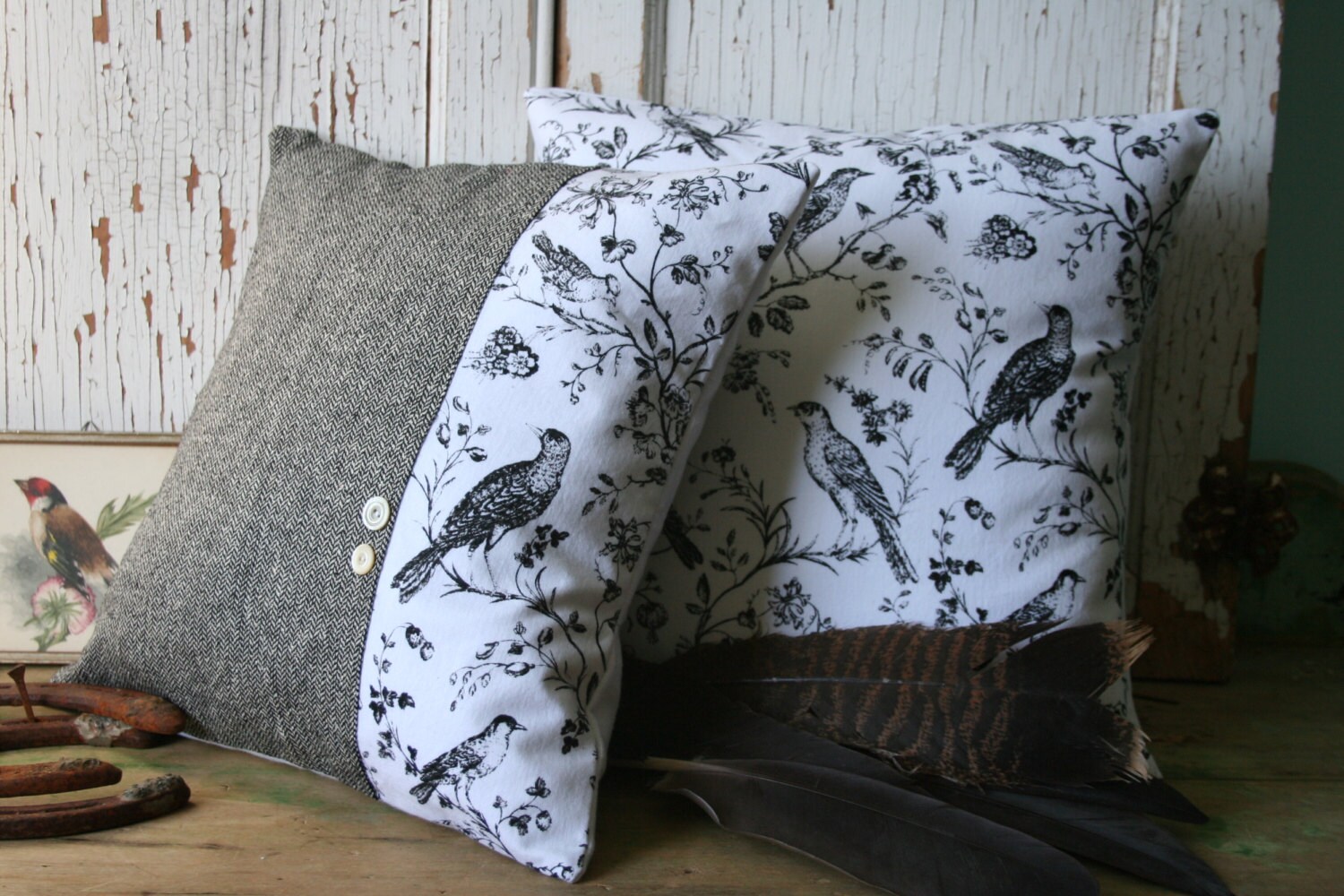 BIRD Pillow Cover Set Black White Toile Recycled by SmokinTweed