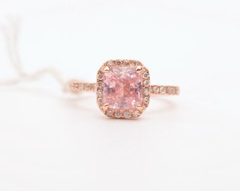 Handmade octagon peach sapphire rose gold diamonds engagement ring Sku - 2474-ANN