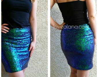 Irridescent Pencil Sequin Skirt 20 inches - Stretchy, beautiful knee length skirt (Small, Medium, Large, XLarge)