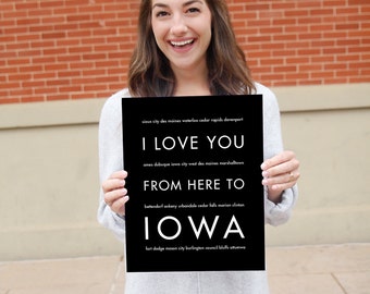 Iowa Hawkeye, Iowa State Art, College Graduation Gift, Wall Hanging, I Love You From Here To IOWA, Shown in Black