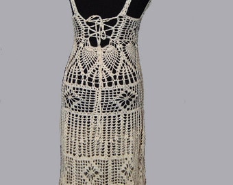 Crochet Dress Ecru Cotton Back Lace Up in size medium