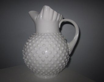 Fenton hobnail Vintage Milk Glass Hobnail Water Juice Pitcher ice lip jug crimped top Jug charming glass,Shabby Chic,tabletop,home decor