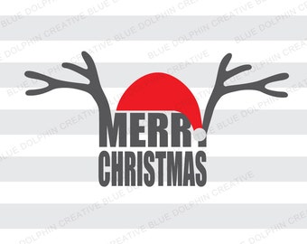 Merry Christmas with Antlers and Santa Hat SVG DXF png pdf jpg ai / Cricut, Silhouette Cutting Files / diy iron on decal cutting file