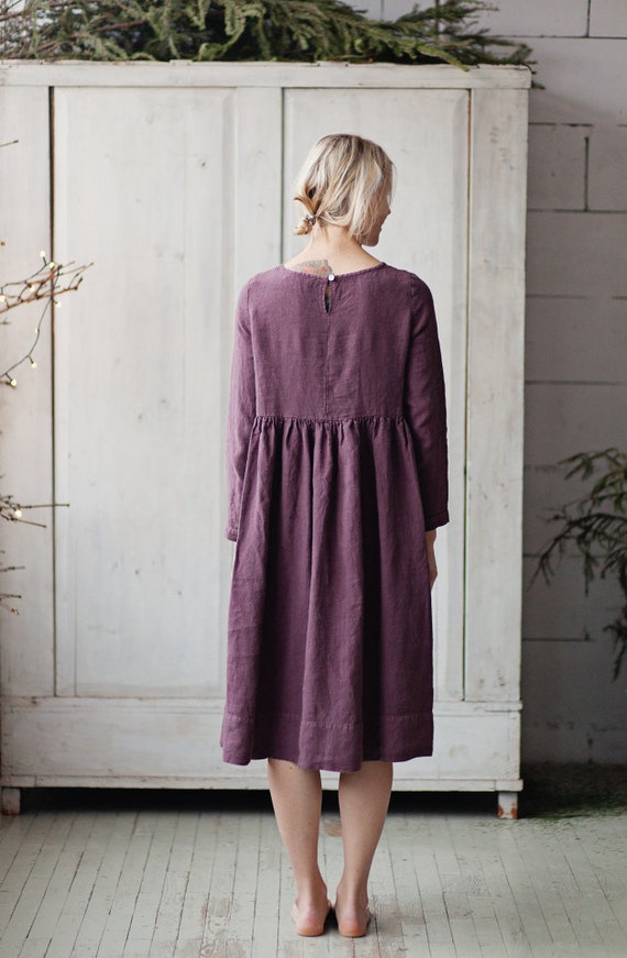 Linen Dress Purple Long Sleeve High Waist Hand by