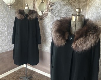 Vintage 1960's Betty Rose Black Ribbed Swing Coat with Fur Collar M/L