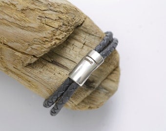 Leather Bracelet for him grey/silver