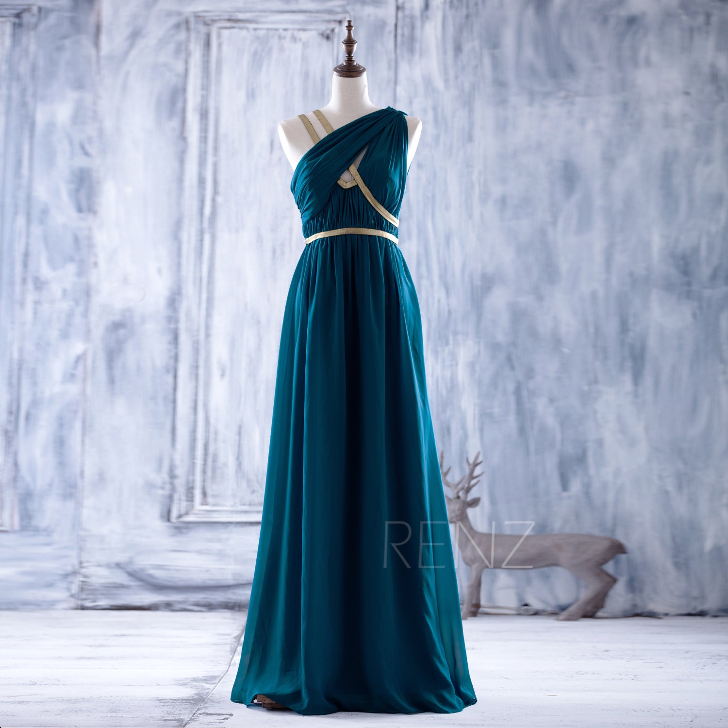 2016 Peacock Bridesmaid dress with Gold Belt Long by RenzRags