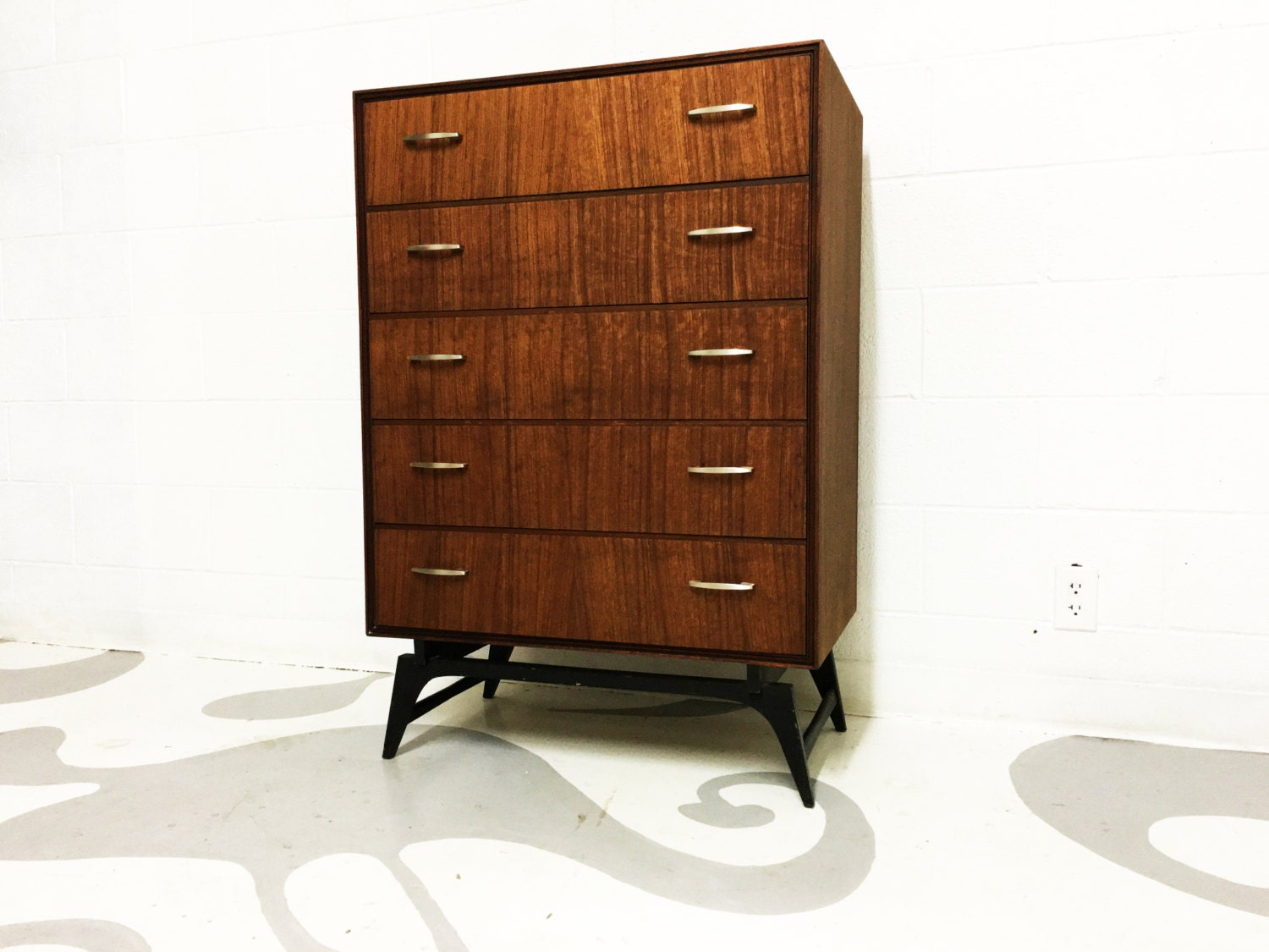 mid century modern tallboy dresser in mahogany with five drawers by Meredew Haute Juice