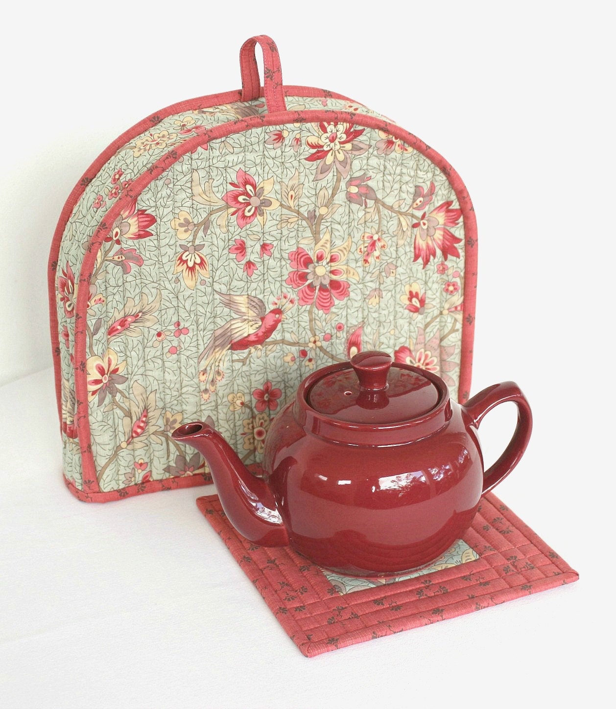 Tea Cozy Quilted Floral Teapot Warmer Fabric Trivet Blue