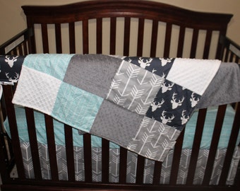 Baby Boy Crib Bedding - Navy Buck, Gray Arrow, and Herringbone Crib Baby Bedding Ensemble