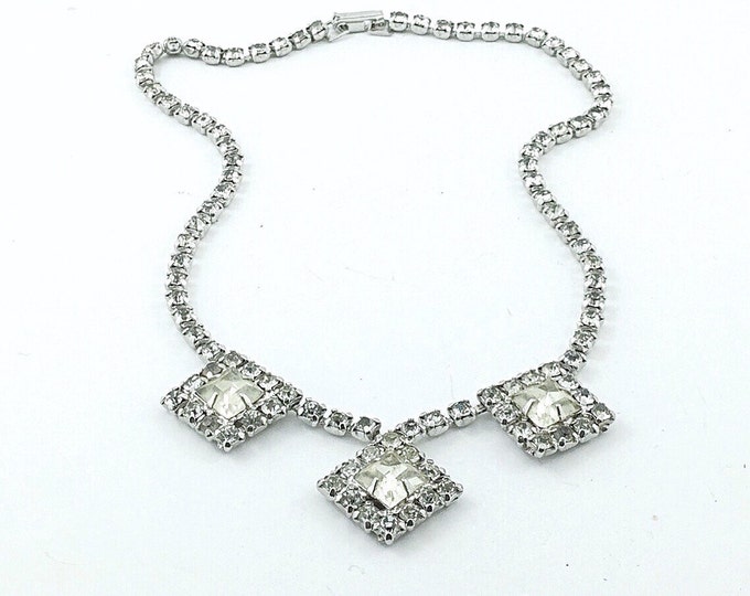 Vintage Clear Rhinestone Necklace with squares. Square Rhinestone necklace. Old Vintage Weiss style necklace. Diamond shapes.