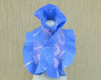 Blue nuno felted scarf. Silk felt scarf. Shibori dyed silk felt scarf. Blue white ruffled scarf