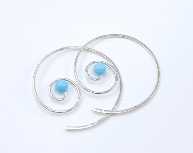 Silver Hoop Earrings Turquoise Earrings Simple Everyday Earrings Spiral Earrings Minimalist Jewelry Turquoise Hoops Blue Sterling Silver