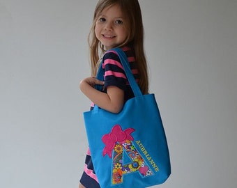 Kids Personalized Choose Initial Tote Bag Turquoise Machine Applique Lined Book Bag Dance Bag Gymnastics Bag Art Bag Lined Handbag Purse