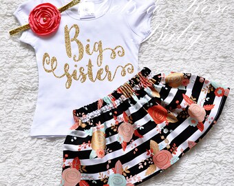 Gold Big Sister shirt, Personalized Birthday shirt, Big Sister outfit, Baby First Birthday Shirt, gold dot ruffle pants, Pink Gold