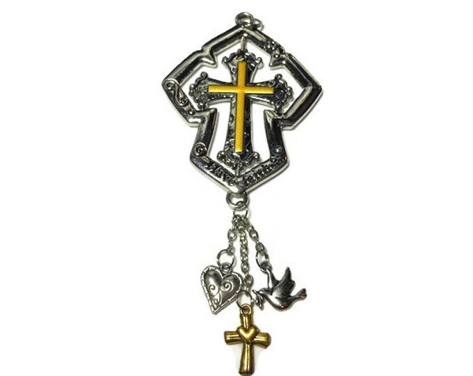 FREE SHIPPING Rotating cross pendant, gunmetal & gold tone turning cross in larger cross, 'Have faith', dove, heart and cross dangle charms