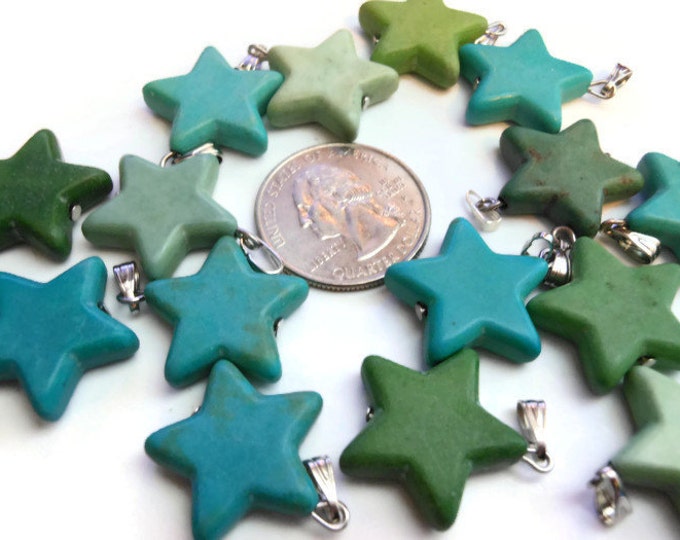 Instant jewelry star pendant, lot of 3 blue green stars, silver bail, natural gemstone, 22mm X 20mm, add to chain, charm bracelet, key ring