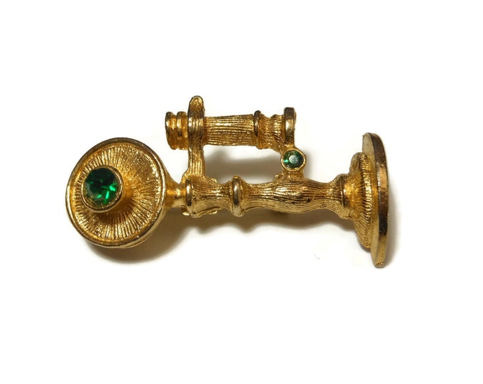 FREE SHIPPING Gerry's telephone brooch, candlestick telephone pin, gold tone green rhinestones, detailed figural phone brooch, old fashioned