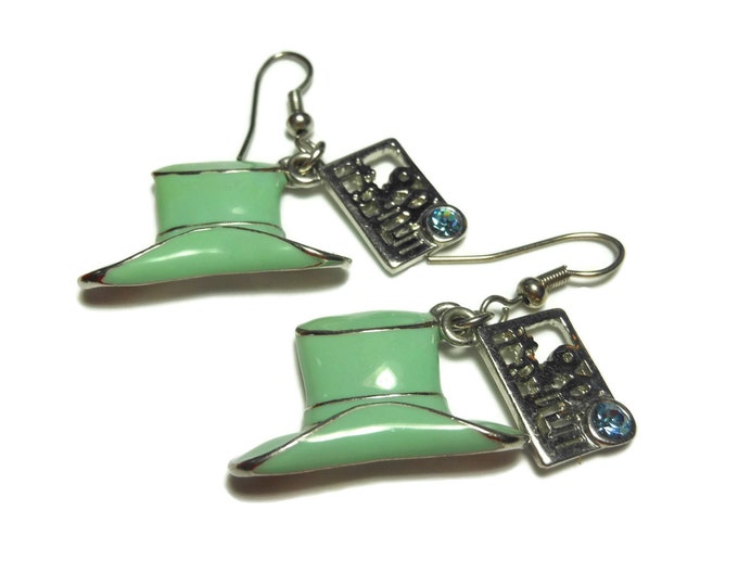 FREE SHIPPING Green hat earrings, enamel top hat, silver trim, dangling cut work rectangle, blue rhinestones, french hook, silver plated