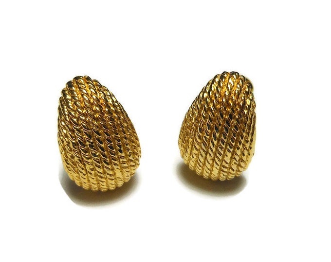 FREE SHIPPING Trifari clip earrings 1980s teardrop, textured small teardrop shaped earrings, marked Trifari TM, clip earrings