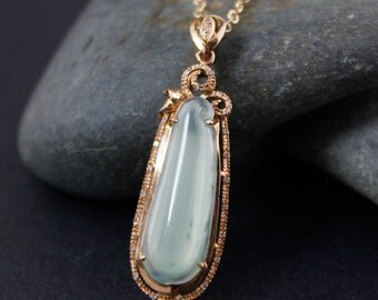 Carved Lucky Good Fortune Icy Jadeite Melon Necklace – Solid 18KT Rose Gold