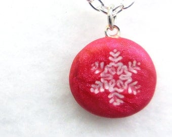 Snowflake Charm Necklace, Polymer Clay Jewelry, Small Pendant, Magenta Winter, Red Christmas
