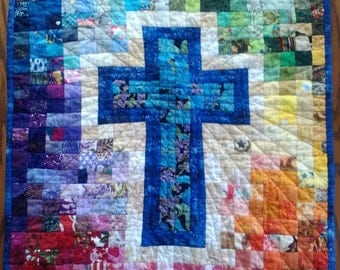 Quilt Pattern, Watercolor Rainbow Religious Cross, Christian faith quilter, Unique gift for Bible Study friend, Make Wall Hanging Banner