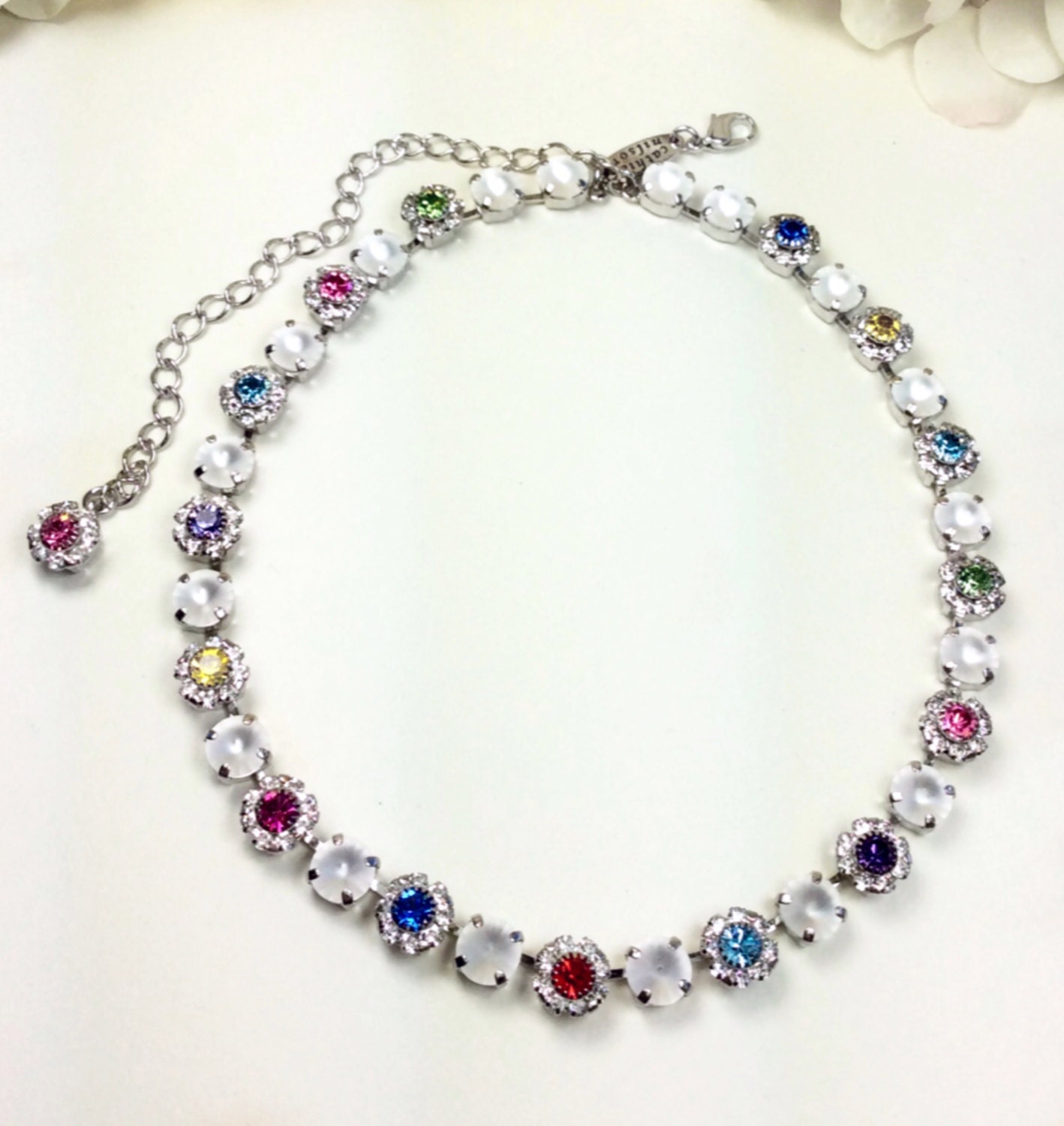 Swarovski Crystal 8.5mm Necklace  "Flower Garden Medley"  Special One Of A Kind - Multi- Colored   -  Feminine Flowers -FREE SHIPPING