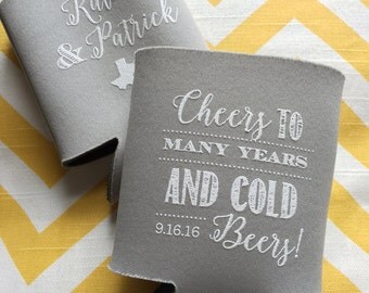 Cheers to Many Years and Cold Beers Modern wedding favor, Cold beers coolie, chalkboard font can cooler, cheers to many years coolie-50 qty
