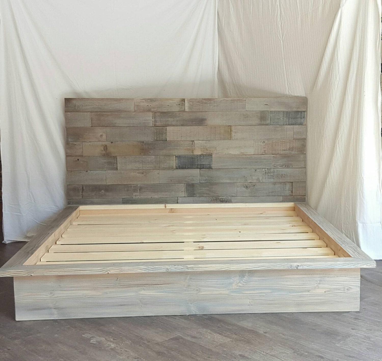 Steph grey driftwood finished platform bed with horizontal ...