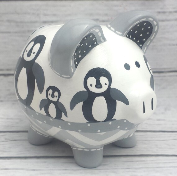 Artisan hand painted ceramic personalized piggy bank Penguin