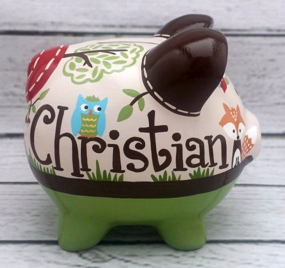 Personalized Piggy Bank Woodland animals Artisan by Alphadorable