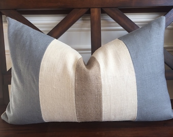 Charcoal Gray Linen with Natural and Cream Burlap Lumbar Pillow Cover
