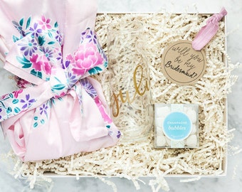 Personalized Bridesmaid Gift Set, Be My Bridesmaid Gift Box, Jewelry, Proposal Gift, Wedding Gifts, Floral Robes, Bridal Party Gift Boxes