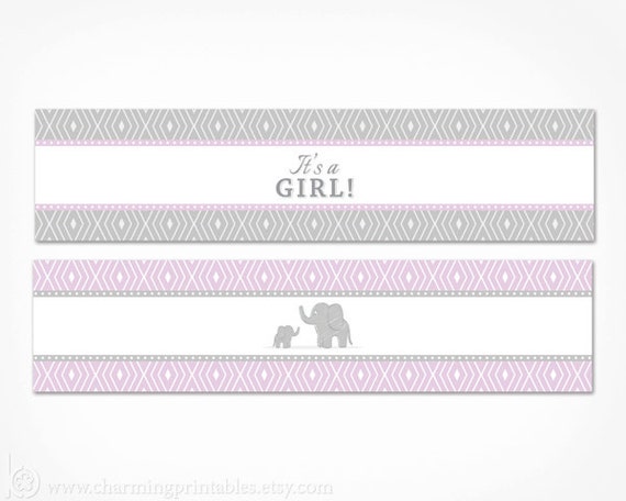 purple elephant water bottle labels baby shower decorations instant