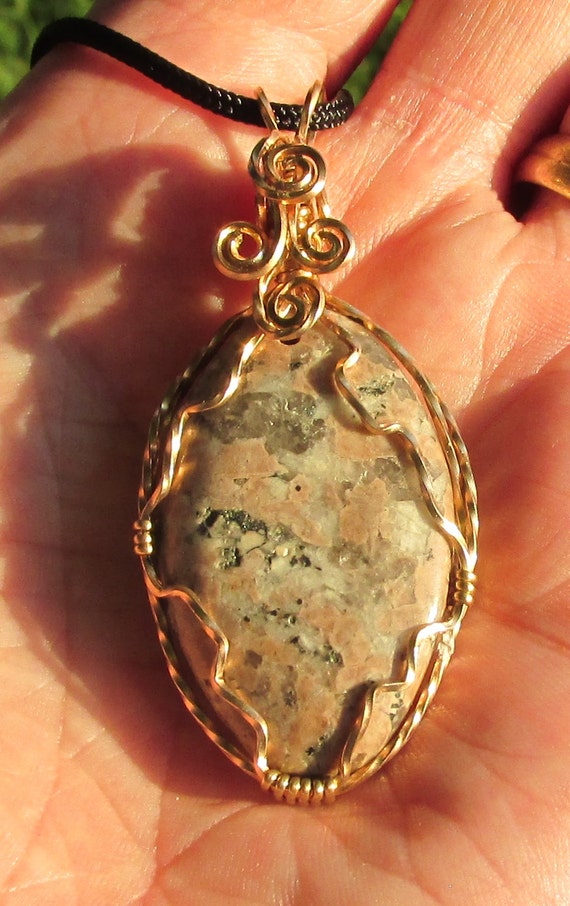 Granite Stone Cabachon wire wrapped in Bronze twisted wire