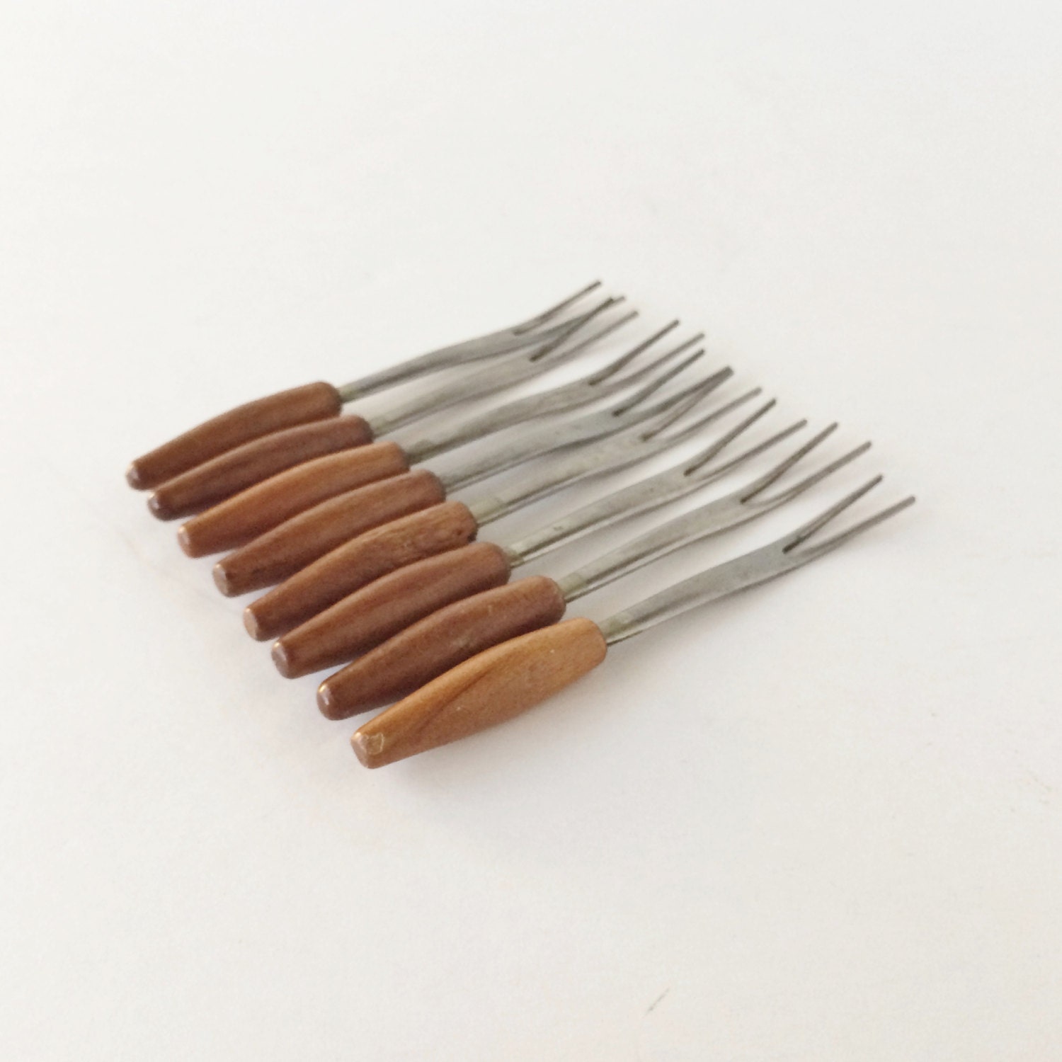Vintage Wood and Stainless Appetizer Picks Forks Skewers