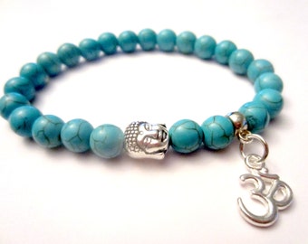 Turquoise Bracelet. Chakra Bracelet. Calming Stone. Mala Beads. Buddha Bracelet. Yoga Bracelet. Om Bracelet. Om Charm.