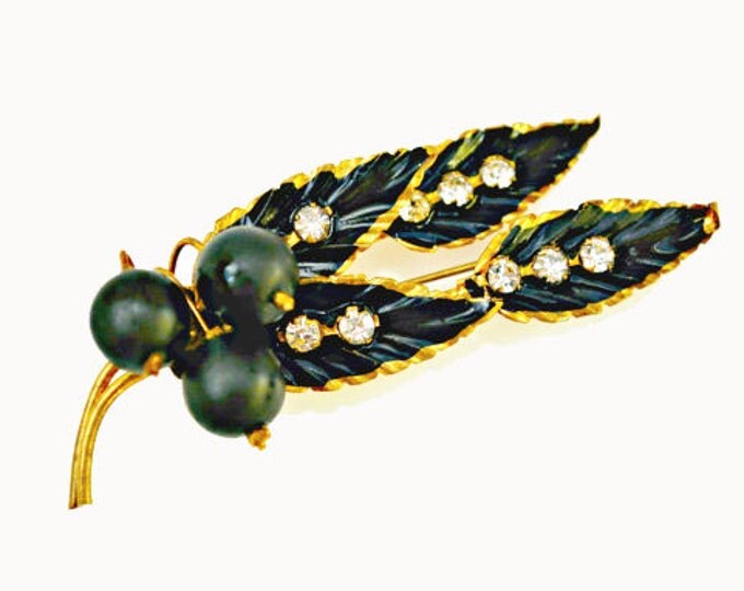 Leaf Brooch - Signed Austria - Rhinestone - Gold metal Black Enamel - crystal - Leaf Pin