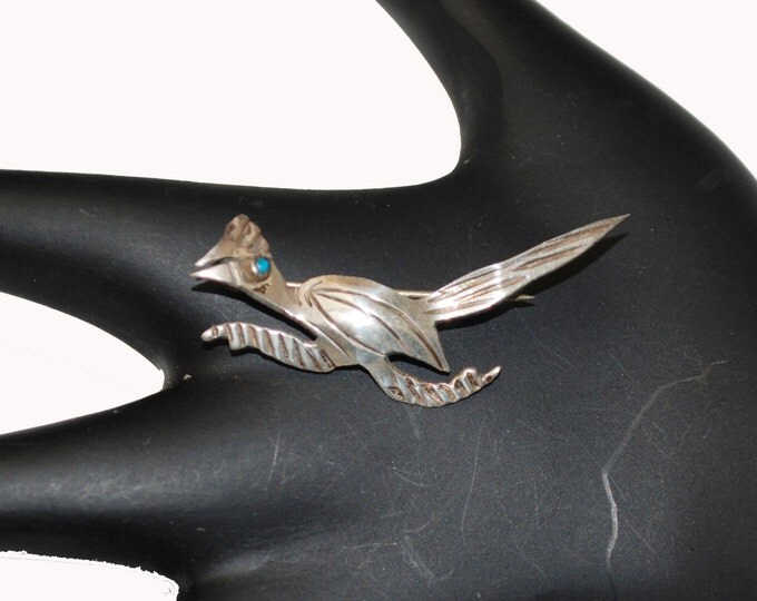 Road Runner Brooch -Silver Turquoise - Southwestern - Old Pawn - Native American Bird pin