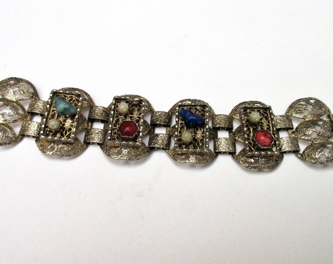 Book Chain -link bracelet - gemstone nuggets - Lapis- Jasper - Carnelian -Mid century