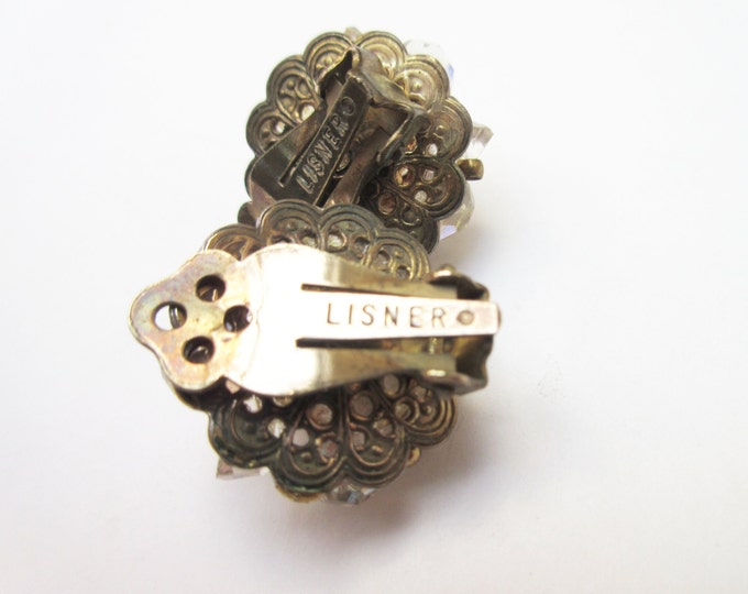 Lisner Earrings - Aurora Borealis crystal - gold filigree - cluster bead - clip on earrings