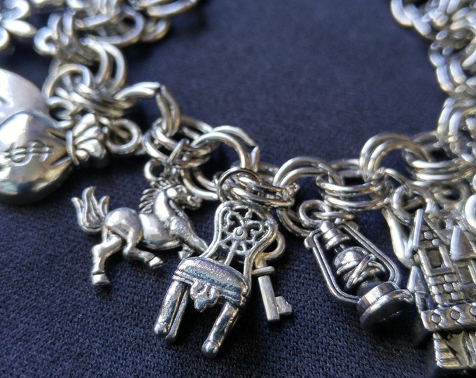 Silver Beauty and the Beast charm bracelet, 7.5 inches, Handmade story bracelet, symbols for Belle, teapot, clock, horse, rose, music #44