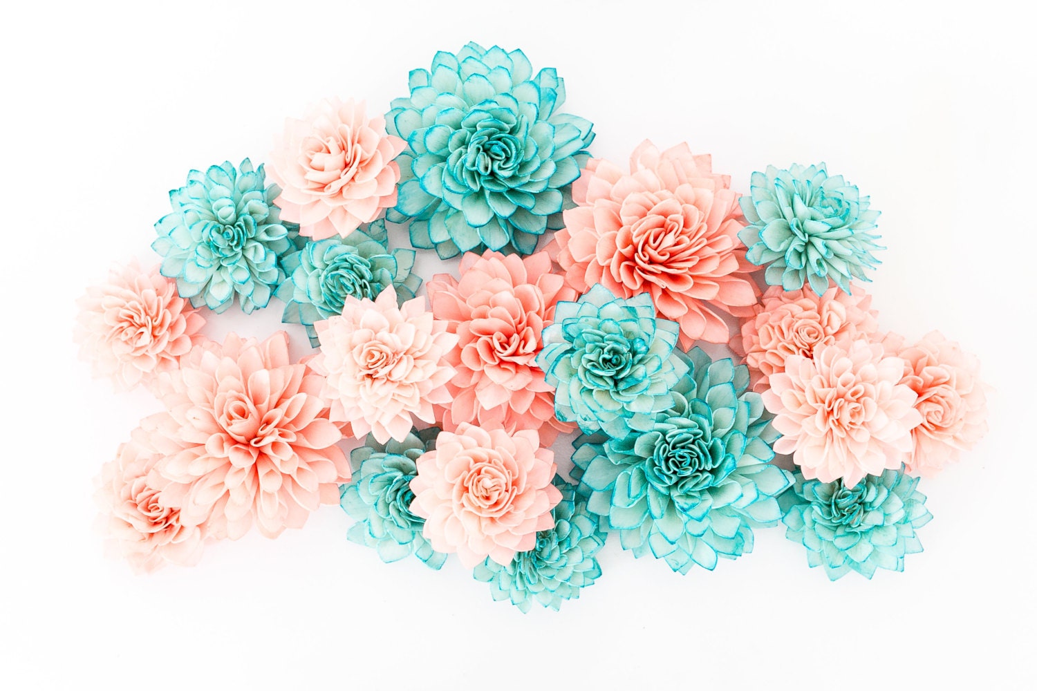 15 Coral and Teal Mixed Wooden Flowers Wedding Decorations