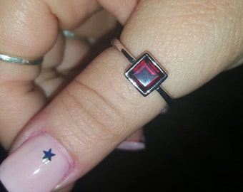 Tiny Square Garnet Ring- Garnet Stackable Ring- January Birthstone Ring- Princess Cut Ring- Red Gemstone Ring- Sterling Silver Ring