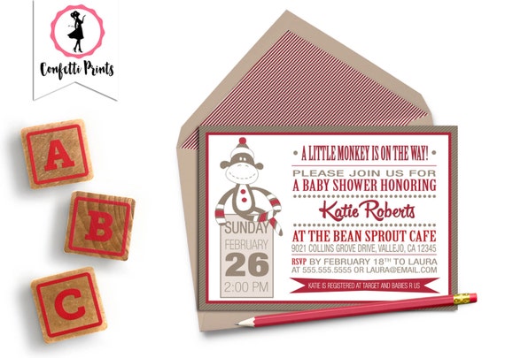 Safari Baby Shower Invitation | Jungle Baby Shower | Monkey Birthday | Monkey Baby Shower | Sock Monkey Birthday - LITTLE MONKEY Printable Il_570xn