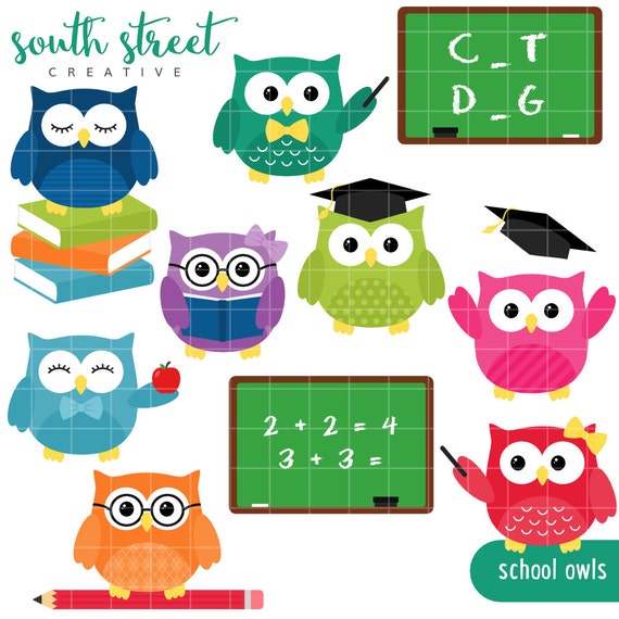 School Owls, Teacher, Graduation, Cute Clipart, Personal & Small Commercial Use, Vector Clip Art, Instant Download, png, jpeg, eps Il_570xn