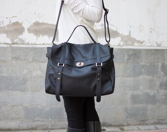 Black leather messenger bag - Leather laptop messenger bag - Women's laptop bag - MELINA bag